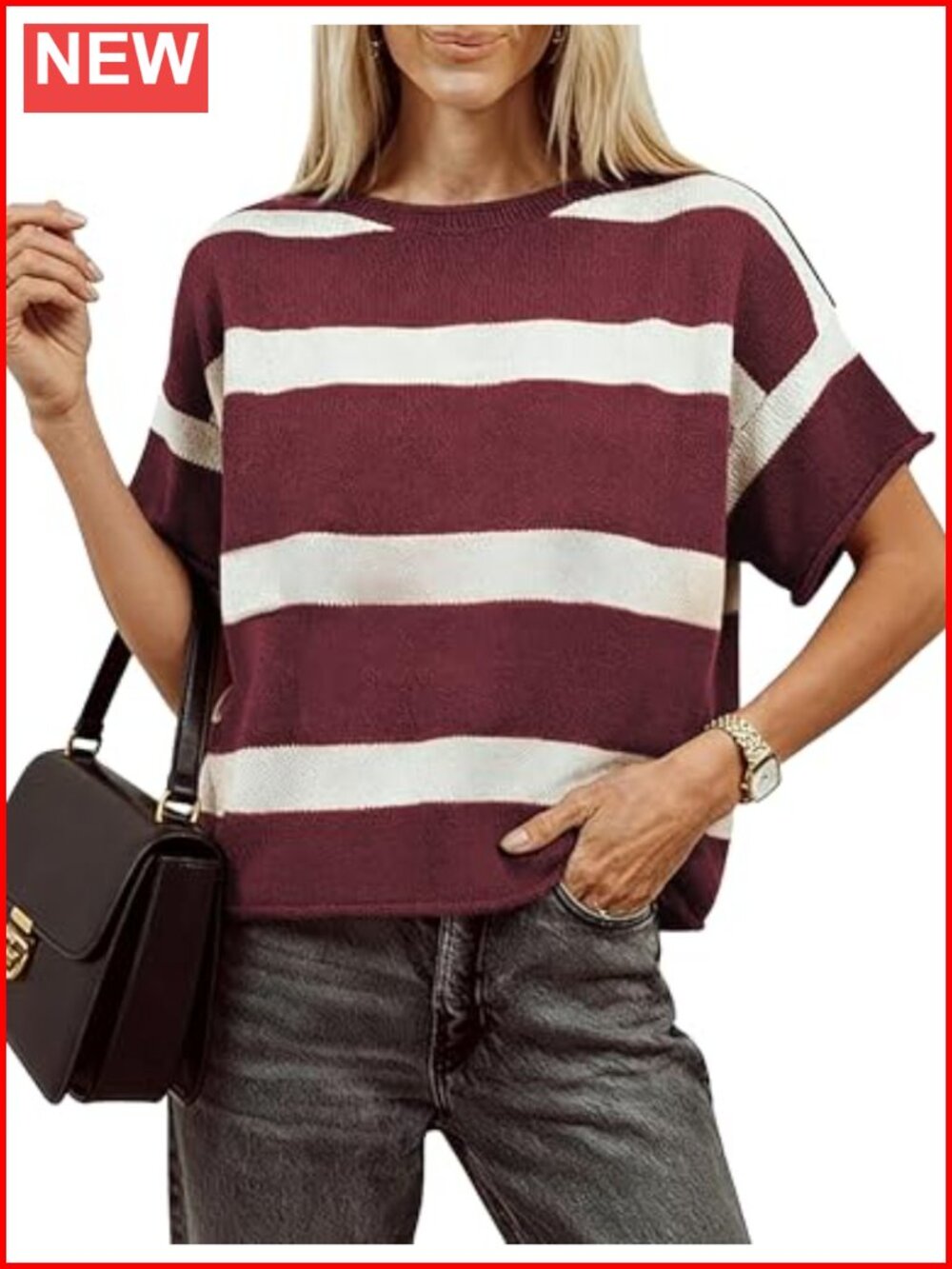 Striped Short Sleeve Sweater Women Crewneck Knit Pullover Top